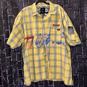 VTG BUGLE BOY1977 Men's 2X Yellow Plaid Floral Short Sleeve Button Up Shirt NWOT